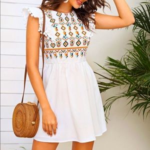 Festival flutter sleeve Boho embroidered dress with Pom-poms